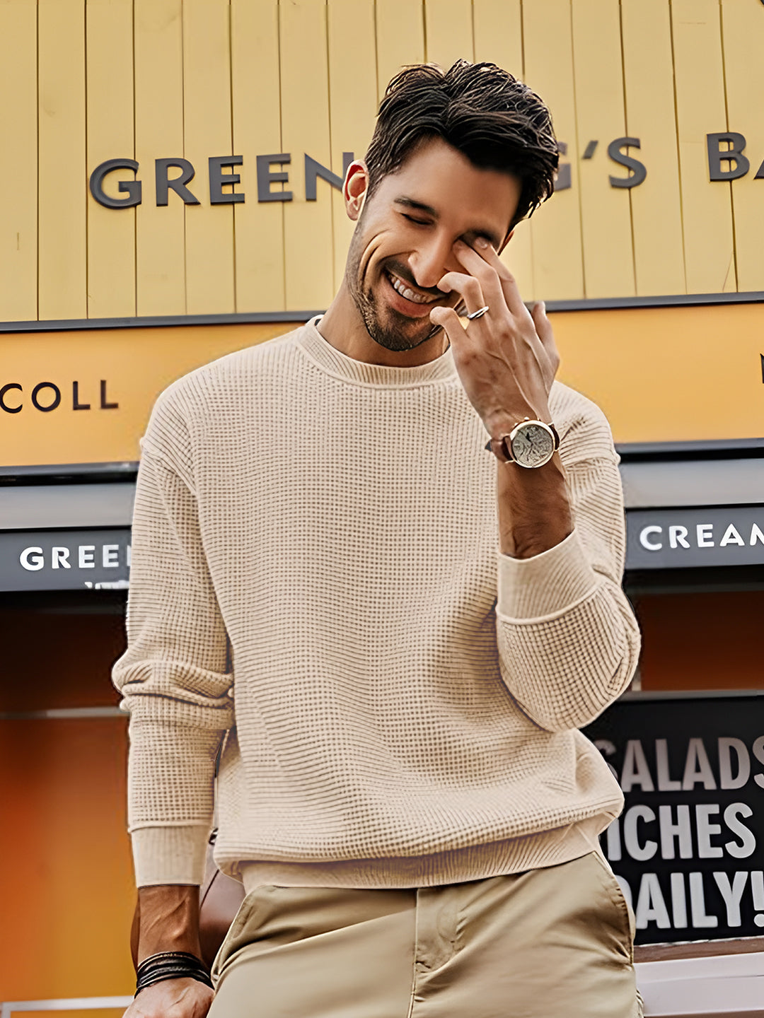TYSORT Men's Waffle Knit Round Neck Full Sleeve Sweaters Crew Neck Sweater