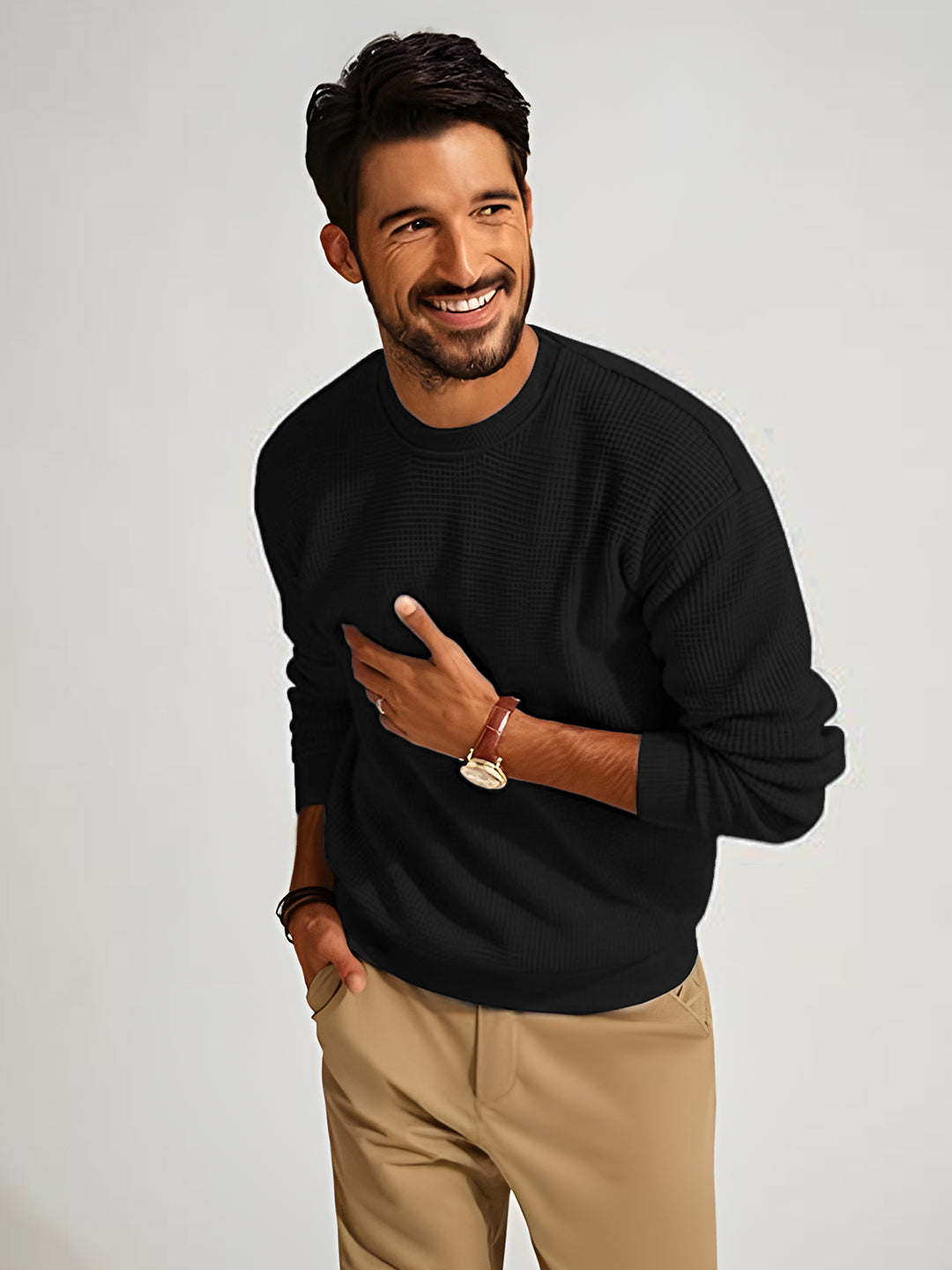 TYSORT Men's Waffle Knit Round Neck Full Sleeve Sweaters Crew Neck Sweater