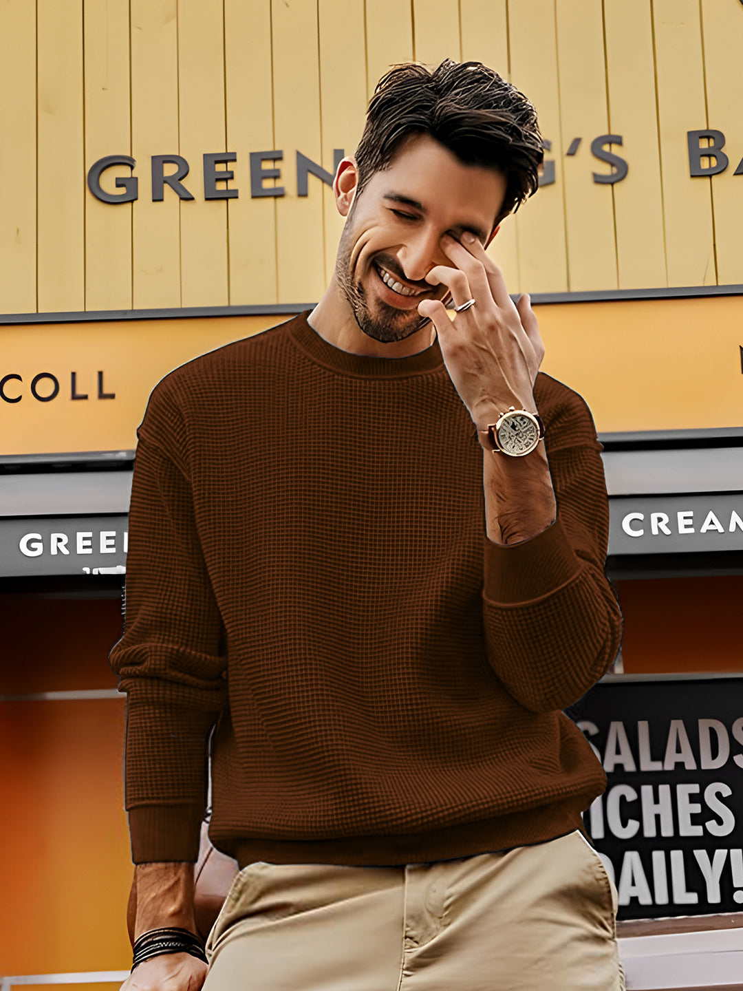 TYSORT Men's Waffle Knit Round Neck Full Sleeve Sweaters Crew Neck Sweater