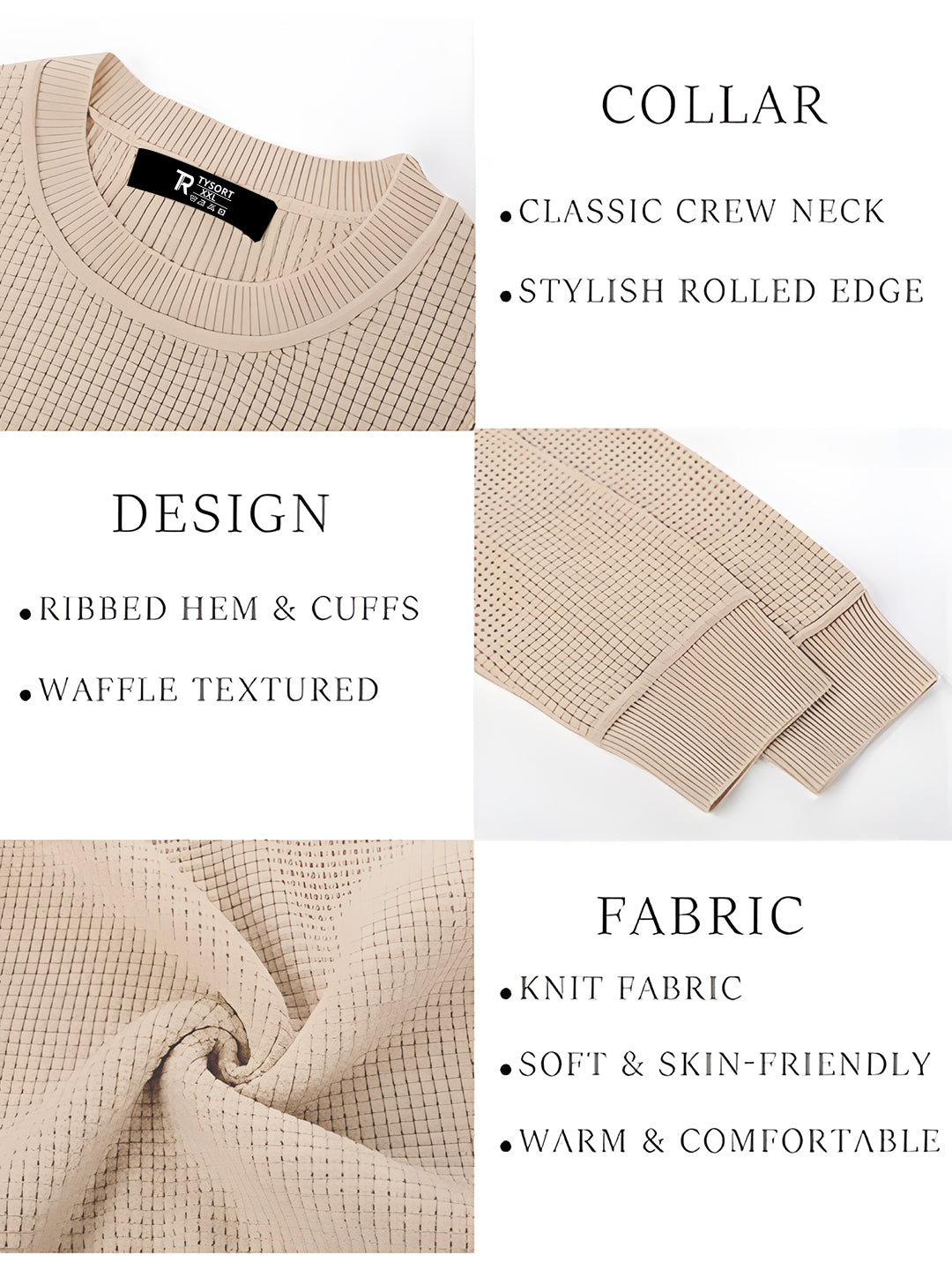 TYSORT Men's Waffle Knit Round Neck Full Sleeve Sweaters Crew Neck Sweater