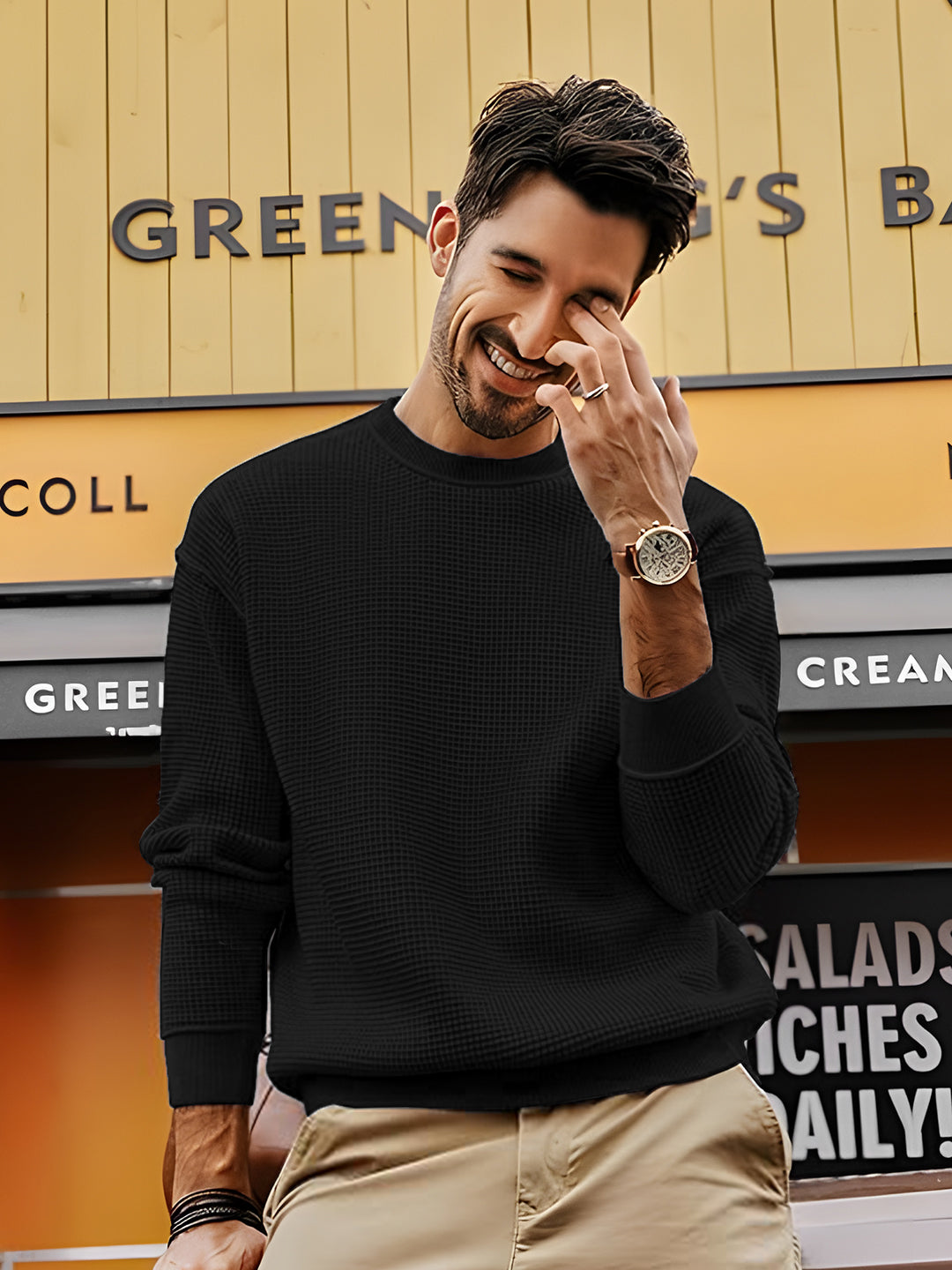 TYSORT Men's Waffle Knit Round Neck Full Sleeve Sweaters Crew Neck Sweater