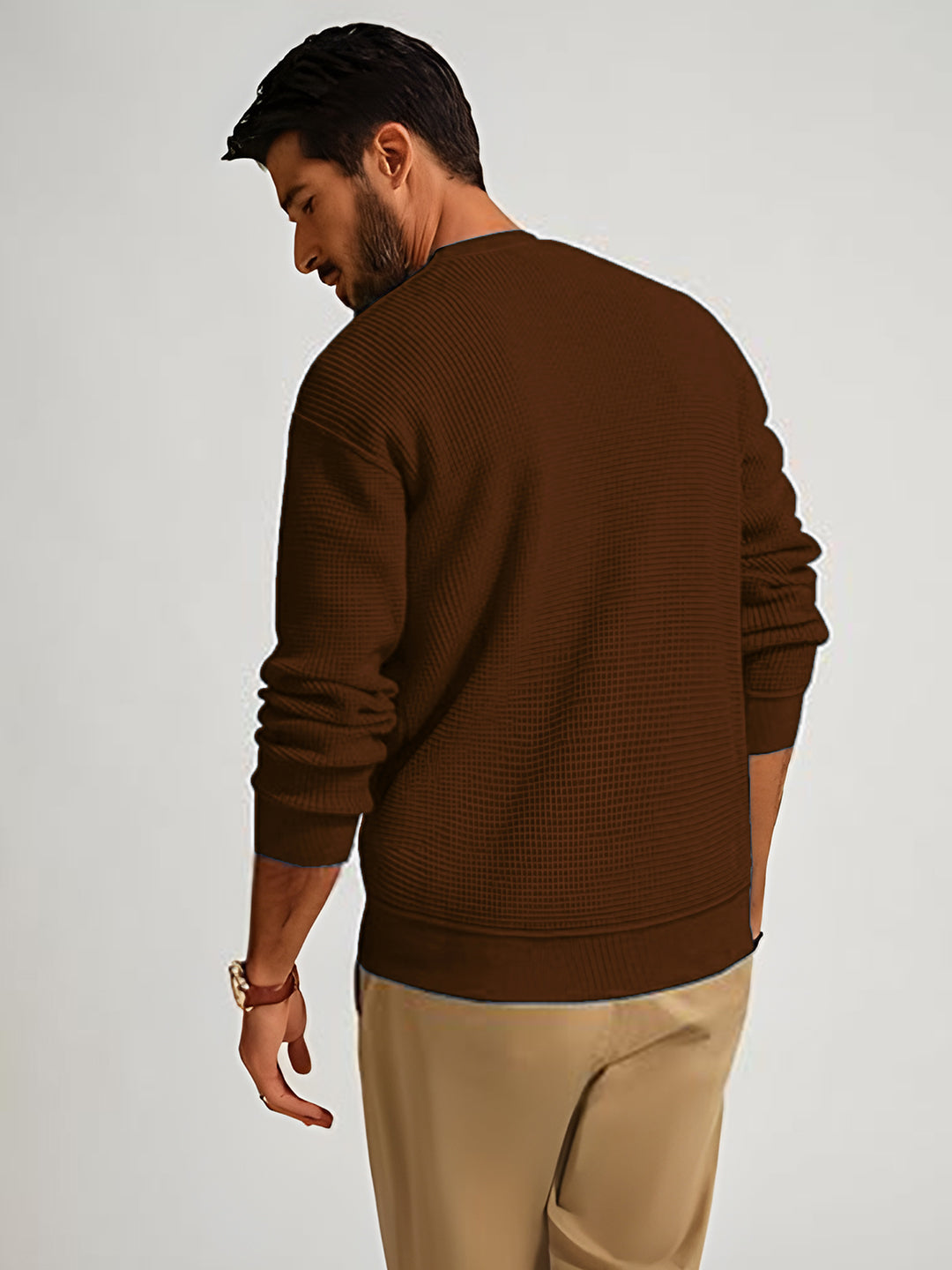 TYSORT Men's Waffle Knit Round Neck Full Sleeve Sweaters Crew Neck Sweater