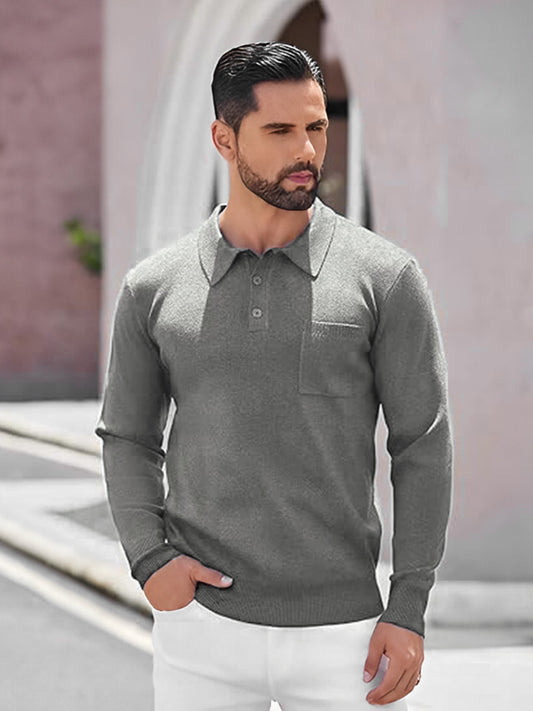 TYSORT Mens Long Sleeve Polo Sweater Knit Polo Casual Heavyweight Thermal Pullover Sweater with Pocket