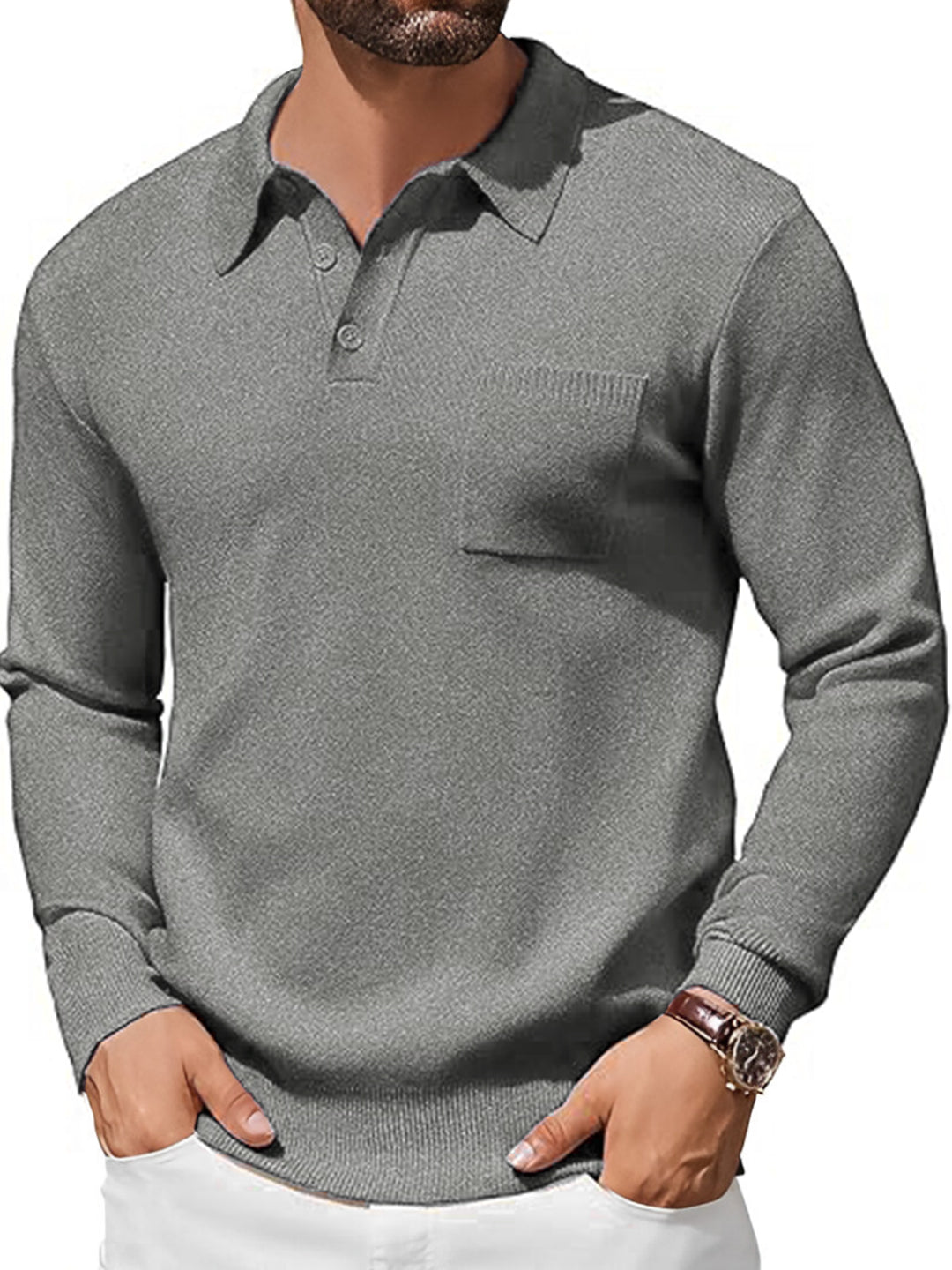 TYSORT Mens Long Sleeve Polo Sweater Knit Polo Casual Heavyweight Thermal Pullover Sweater with Pocket