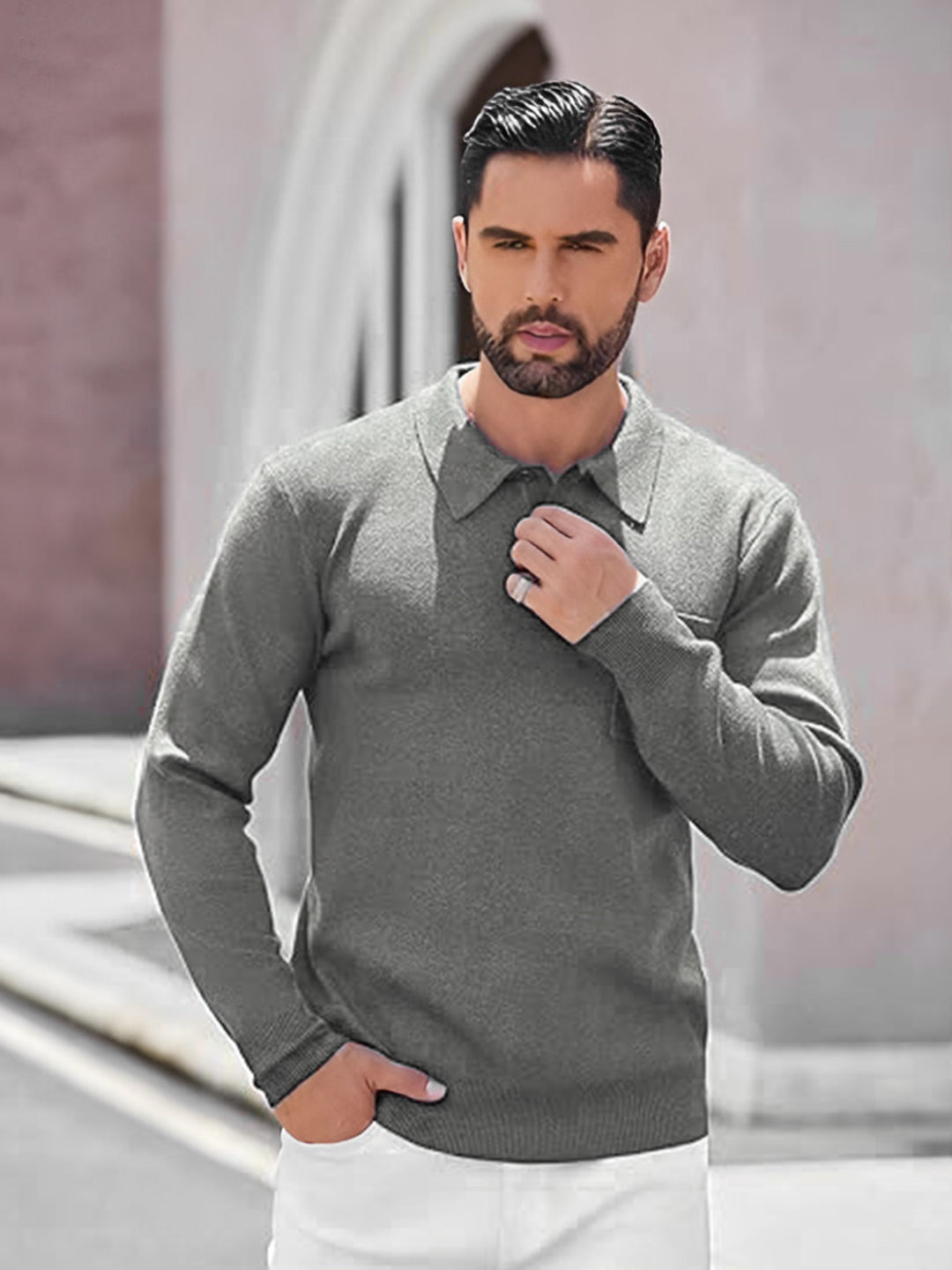 TYSORT Mens Long Sleeve Polo Sweater Knit Polo Casual Heavyweight Thermal Pullover Sweater with Pocket
